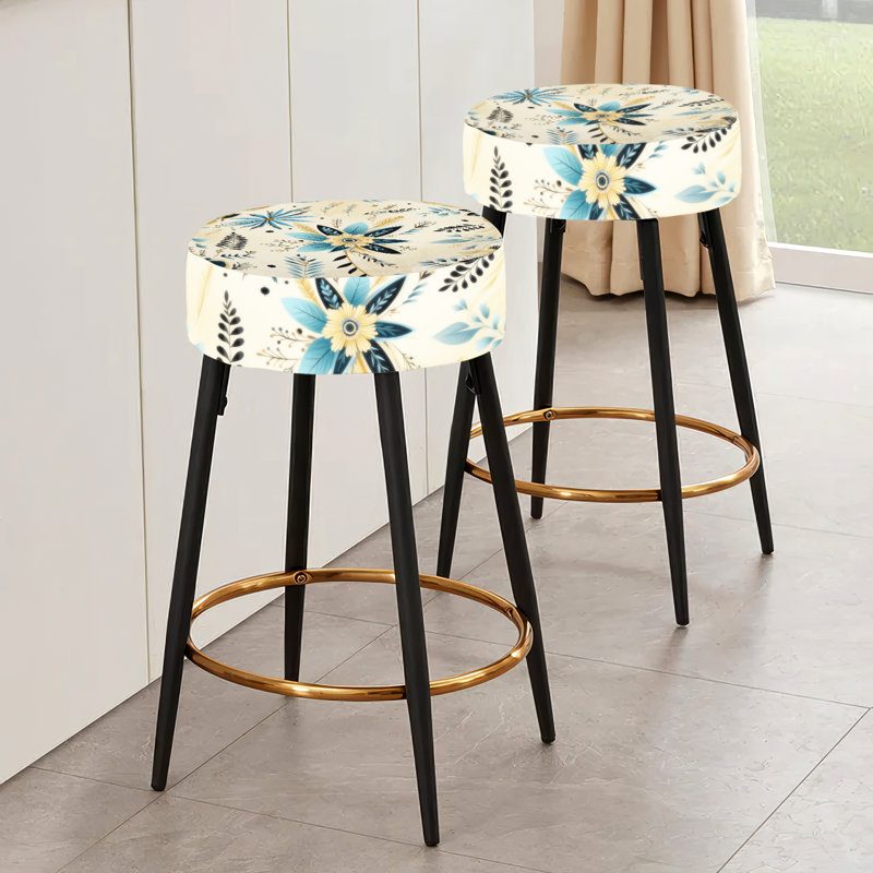 Blue Beige Vintage Chic Flower Pattern Floral Bar Stools Set Of 2